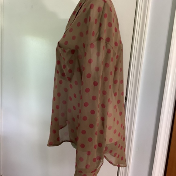 FREE PEOPLE BLOUSE SZ SMALL POLKA DOT RED BROWN CHIFFON BUTTONS FRONT - Picture 3 of 12